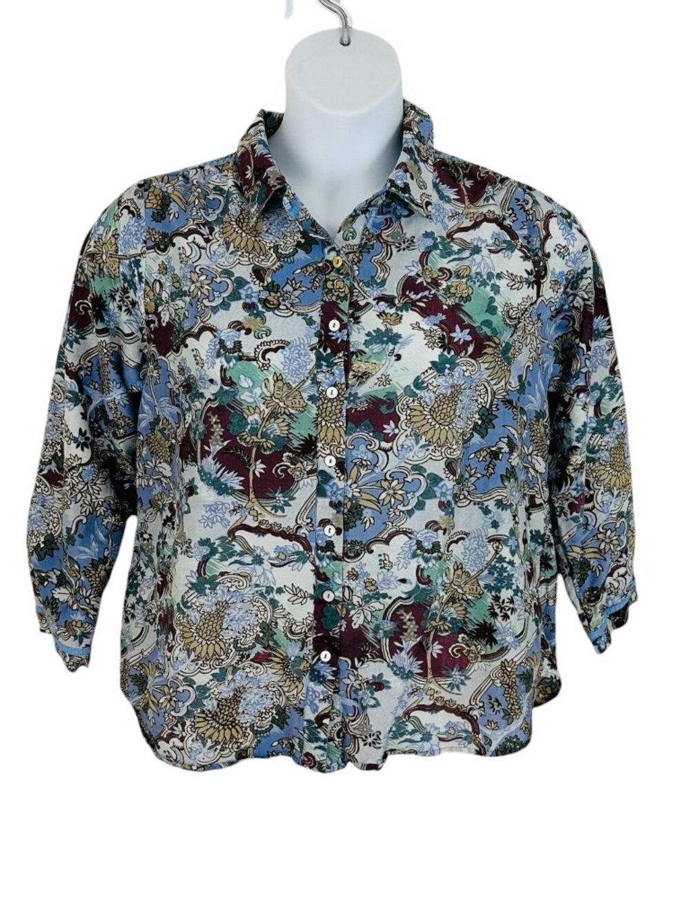 Ritu Kumar Women's Size XL Floral 3/4 Sleeve Cotton Silk Blue Green Shirt